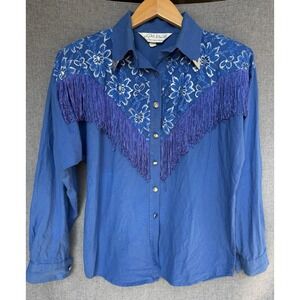VTG Lilia Smitty Lace Fringe Long Sleeve Shirt Blouse Medium Western 80s Blue